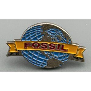 Vintage Fossil Globe Logo Enamel Pin Trade Mark Banner 1.25” Collectible